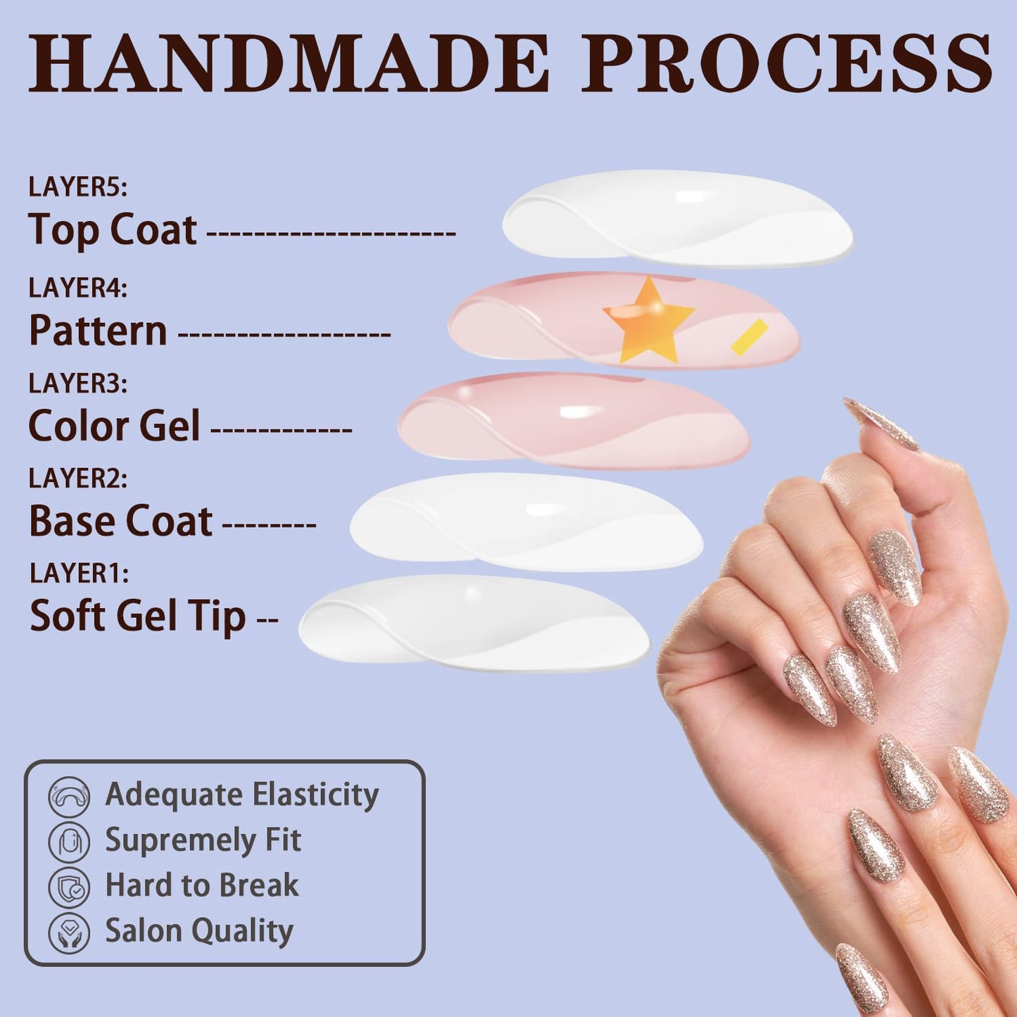 Press on Nails Medium Almond,Champagne Gold Shimmer False Nail Tips Kits with Mini Nail File, Supremely Fit & Natural Fake Nail with Nail Glue in 12 Sizes,Stiletto Glue on Nails with Bling Design