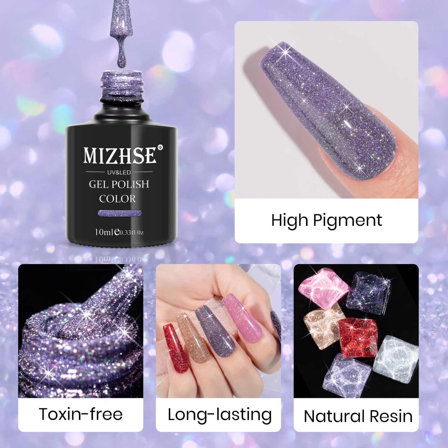 MIZHSE Reflective Glitter Gel Nail Polish, Holographic Glitter Gel Polish Set Sparkly Shiny Bling Nail Gel Soak Off UV/LED Gel Nail Art Manicure Kit