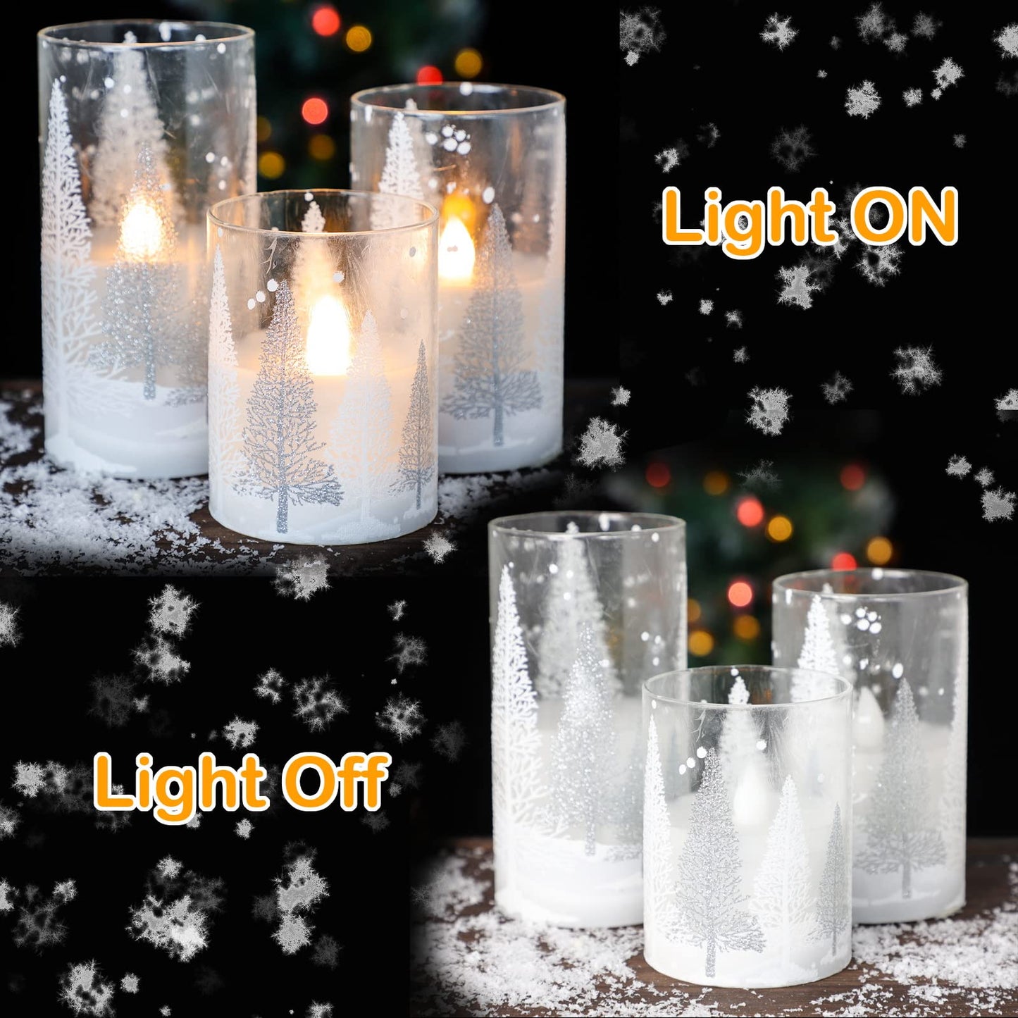 PETRISTRIKE Christmas Flameless Candles with Timer, Holiday Led Glass Candles, Flickering Battery Operated Pillar Candles for Christmas Home Decorations