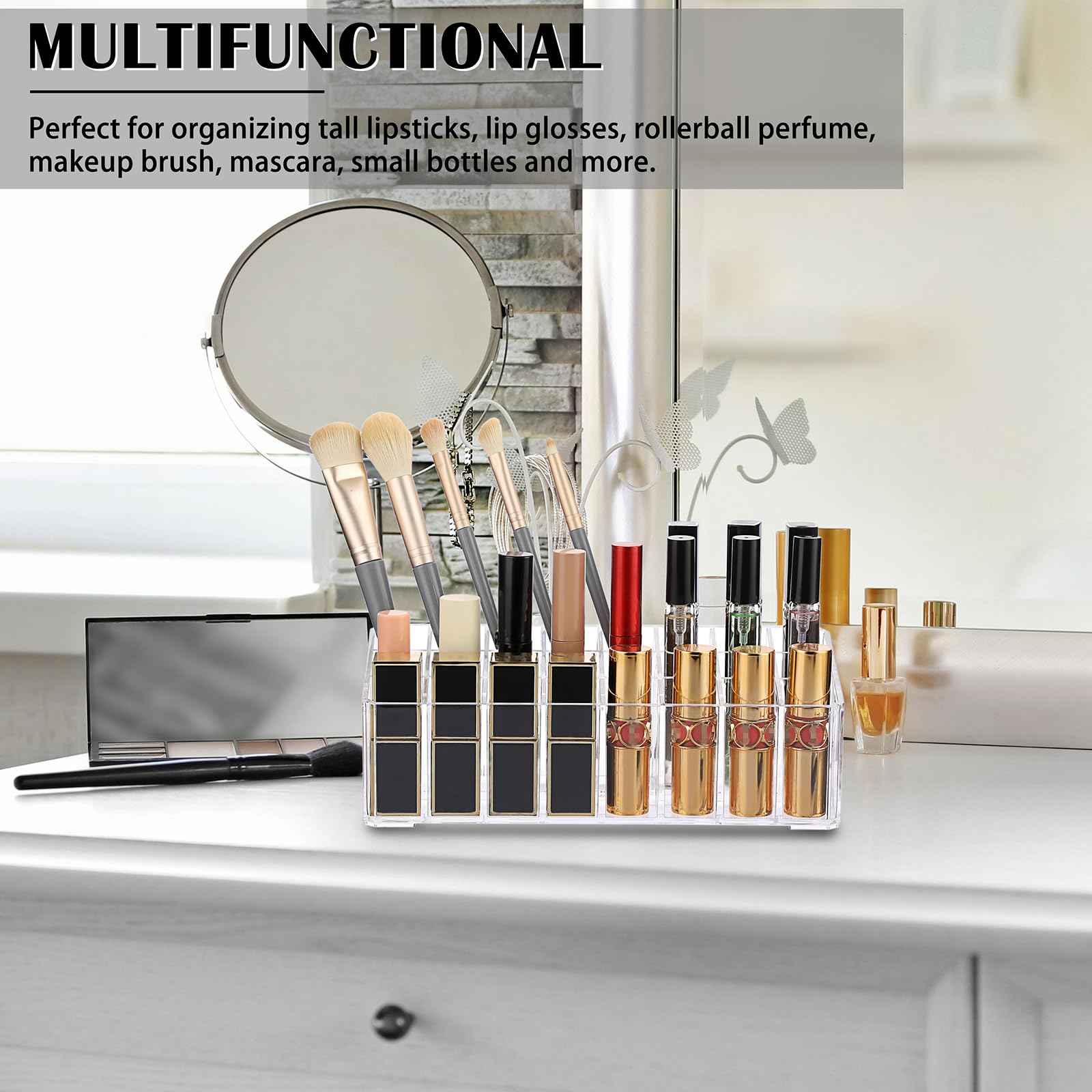 ELLDOO Rollerball Perfume Organizer, 24 Spaces Clear Acrylic Perfume Storage Holder Beauty Scent Holder, Makeup Lipgloss Lipstick Display Case