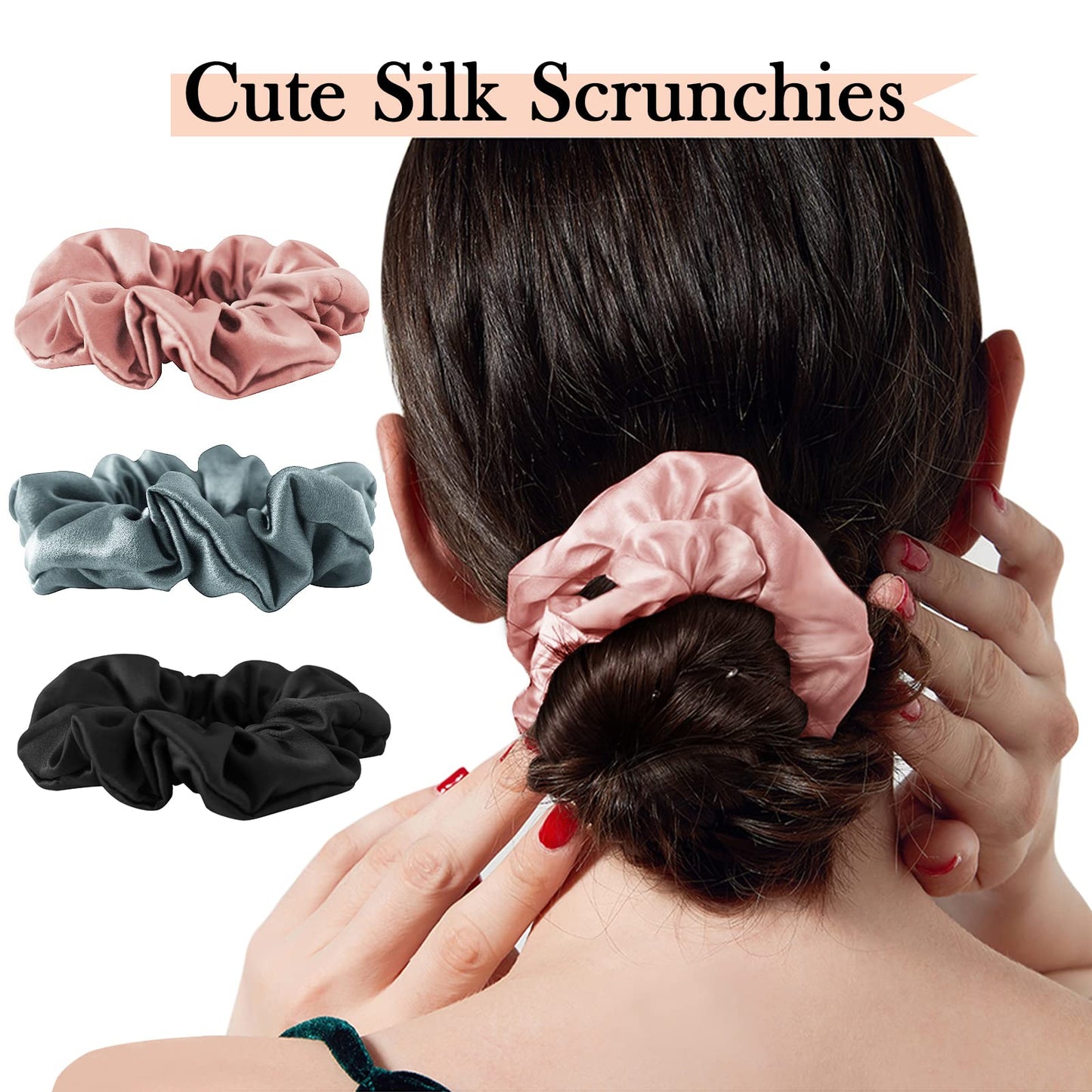 SOBONNY Mulberry Silk Hair Scrunchies, 3 Count, 100% Silk, No Damage for Frizz Prevention, Sleep and Night Scrunchie, Hair Accessories for Women (Black, Haze Blue, Rubber Red)