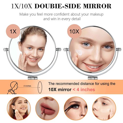 AumVum Travel Makeup Mirror, 6" Portable Folding Double-Sided Vanity Mirror, 10X Magnification, Handheld & Wall Hanging, Magnifying Shaving Mirror for Bathroom and Desktop Use, No Light