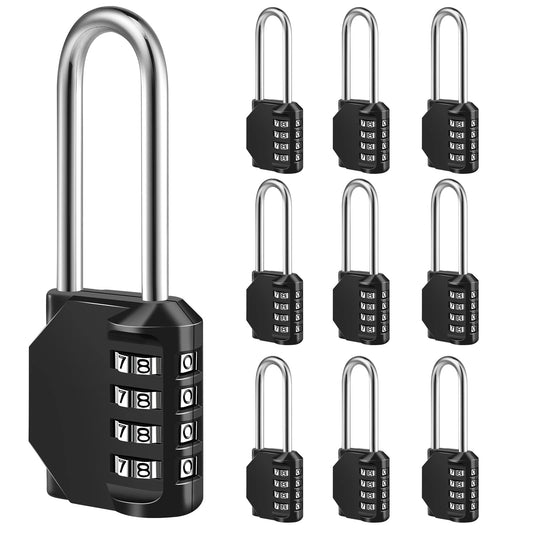 Combination Lock, 4 Digit Combination Padlock for School Gym Sports Locker, Fence, Toolbox, Case, Hasp Cabinet Storage (Long Shackle, 10 Pack, Black)