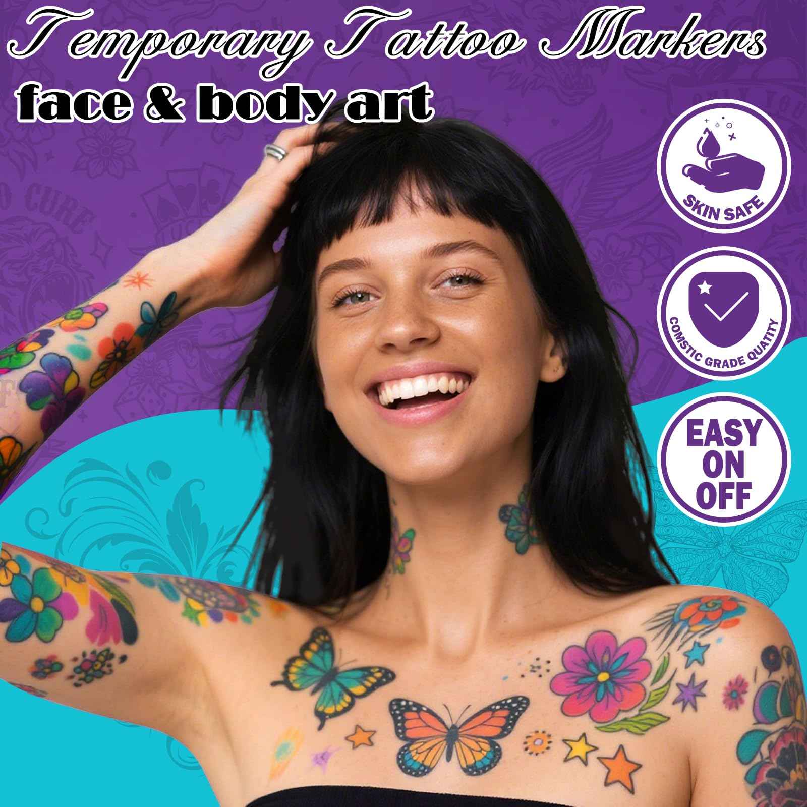 Ponhey Temporary Tattoo Markers for Skin, 36 Body Markers+67 Large Tattoo Stencils,Dual-End Tattoo Pens,Fine Lines with Cosmetic-Grade,Flexible, Skin-Safe Face Paint Kit for Kids Teenage Adults