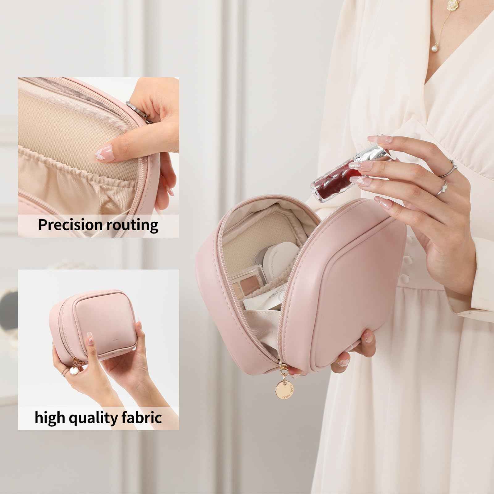 RIGHT AWAY Small Makeup Bag for Purse,Travel Cosmetic Bag Organizer for Women,Cute Make Up Pouch Waterproof Toiletry Bag with Zipper,Portable Makeup Case Skincare Bag for Travel Accessories(Pink)