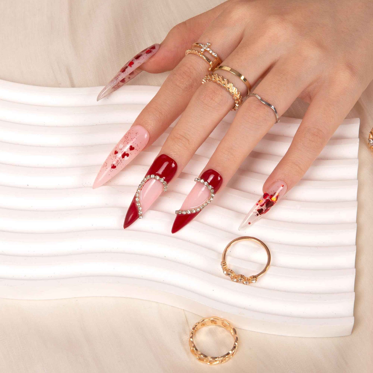 LOVFUL Press on Nails Love Day Exclusive | Handmade with Full Covered Crystals | Reusable Full Cover Nails | Stiletto Mid Length 1.7 in | H154-S