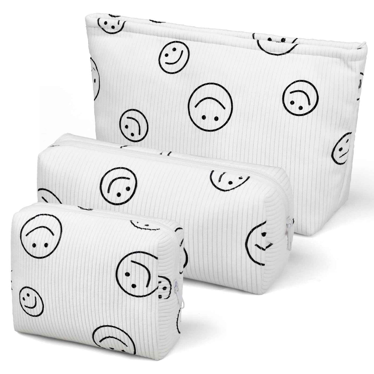 SANYETS 3 Pieces MakeUp Bag Cosmetic Bag,Travel Makeup Bag Set,Cute Smiley Corduroy Make Up Purse with Zipper,Beige White Pencil Pouch,Small Makeup Pouch,Aesthetic Preppy Stuff