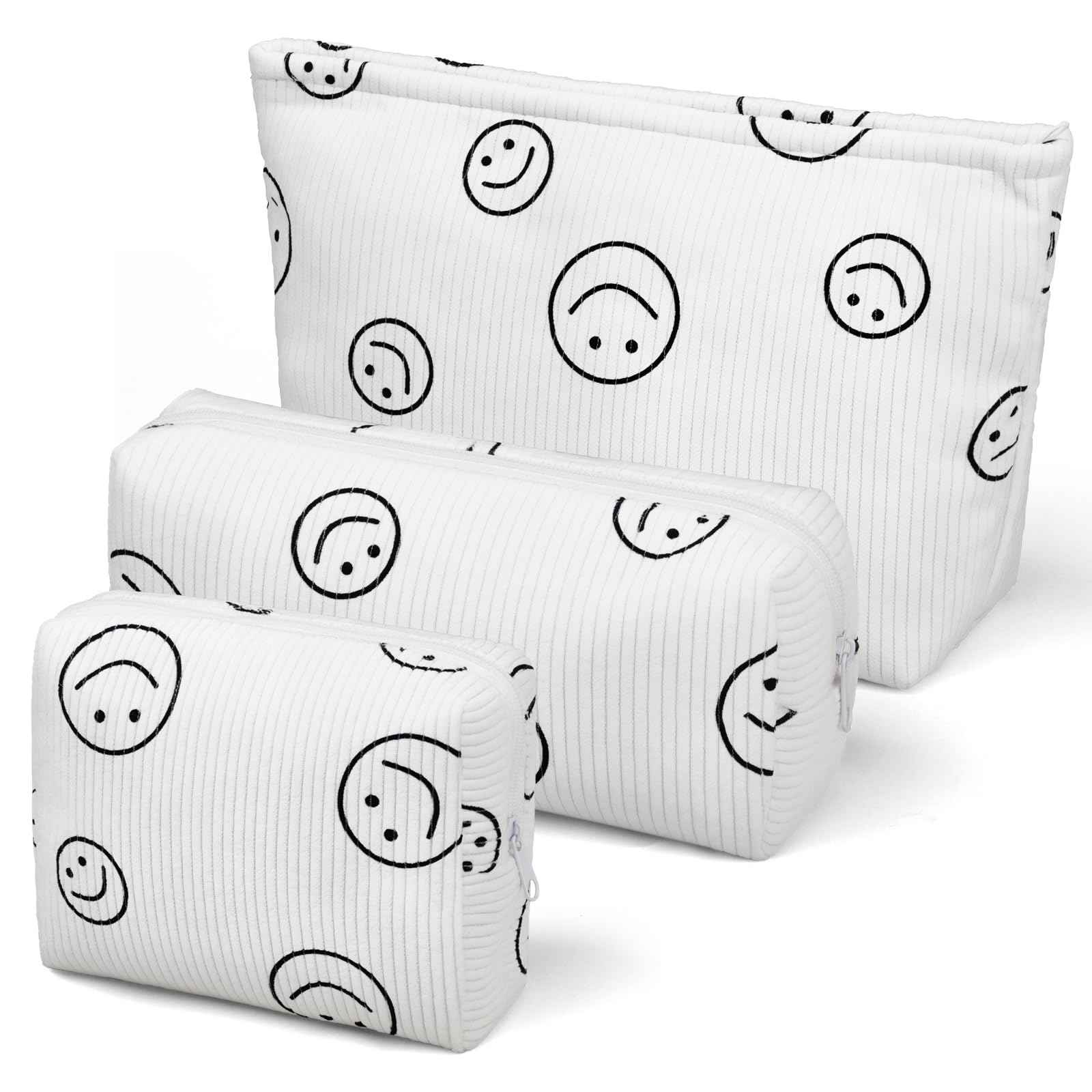 SANYETS 3 Pieces MakeUp Bag Cosmetic Bag,Travel Makeup Bag Set,Cute Smiley Corduroy Make Up Purse with Zipper,Beige White Pencil Pouch,Small Makeup Pouch,Aesthetic Preppy Stuff
