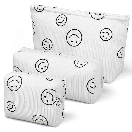 SANYETS 3 Pieces MakeUp Bag Cosmetic Bag,Travel Makeup Bag Set,Cute Smiley Corduroy Make Up Purse with Zipper,Beige White Pencil Pouch,Small Makeup Pouch,Aesthetic Preppy Stuff