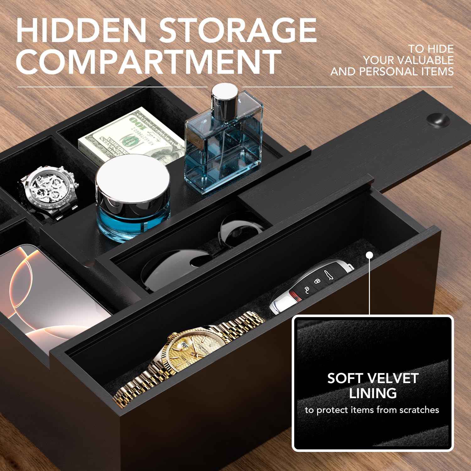 Cologne Organizer for Men, 3 Tier Perfume Stand With Drawer Hidden Compartment and Lining, Wood Display Holder for Watch Jewelry, Black, Great Gifts for Christmas