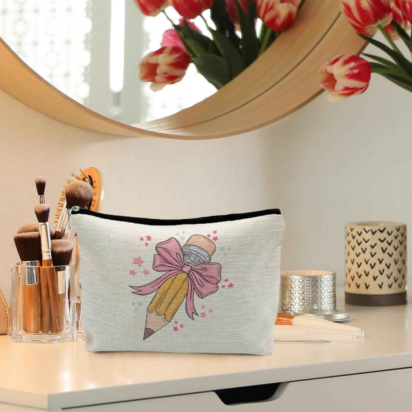 RYYCDOI Coquette Pink Bow Teacher Makeup Bag, Teacher Appreciation Gifts Cosmetic Bags for Women, End of Year Teachers Gifts, Preppy Zipper Makeup Pouch for Teachers