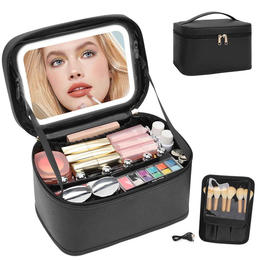 OCHEAL Makeup Bag With LED Mirror, Travel Makeup Bag With 3 Color Setting Light Up Mirror Cosmetic Makeup Organizer Vanity Case for Women Beauty Tools Accessories Rechargeable Makeup Travel Bag-Black