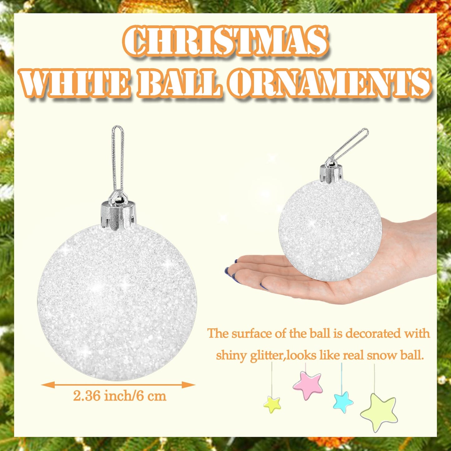 24 Pcs White Christmas Glitter Ball Ornaments Set,Glitter Sparkly Snowballs,Plastic Xmas Hanging Ornaments Decorations for Christams Tree,Wedding Party Supplies,60mm/2.36inch