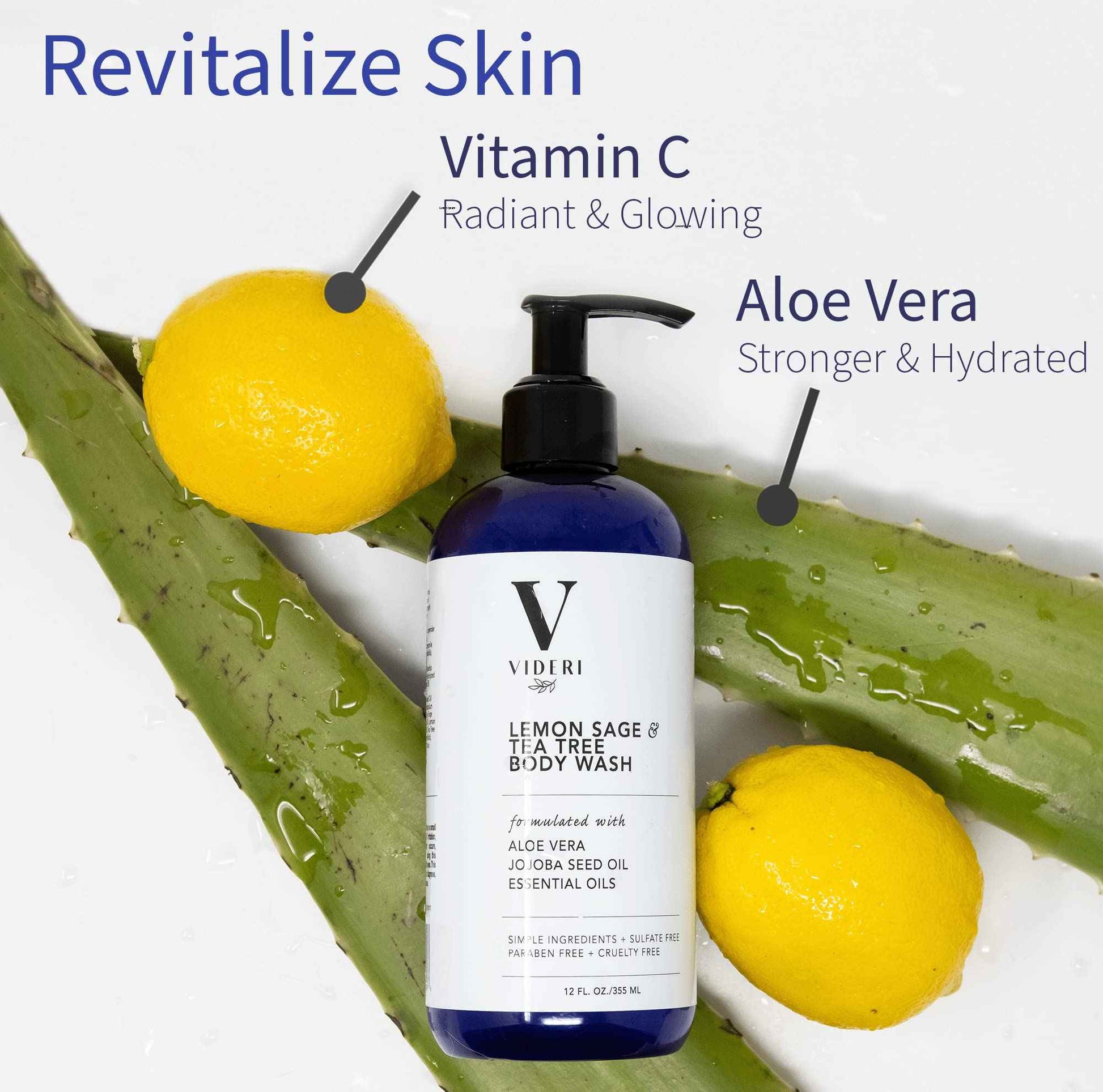 Videri Sulfate Free Body Wash for Sensitive Skin Lemon Sage & Tea Tree Body Wash - Essential Oils, Aloe Vera & Jojoba - Antioxidant Rich, Gentle on Skin & Fresh Citrus Scent - Large 12 fl oz