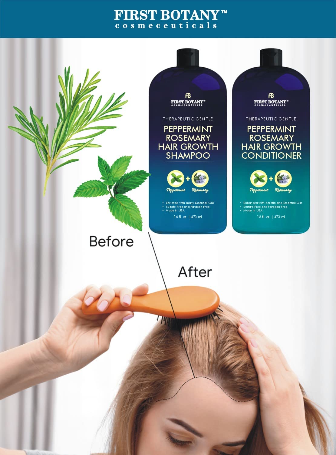 First Botany, Peppermint Rosemary Hair Regrowth and Anti Hair Loss Shampoo and Conditioner Set - Daily Hydrating, Detoxifying, Volumizing Shampoo and Fights Dandruff For Men and Women 16 fl oz x 2