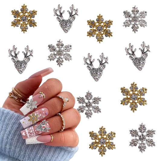 Christmas Nail Art Charms- 12Pcs Gold Silver Elk Snowflake Nail Charms D Alloy Shiny Designs Snow Elk Nail Gems with Rhinestones Winter Christmas Charms for Acrylic Nails Women DIY Manicure Supplies