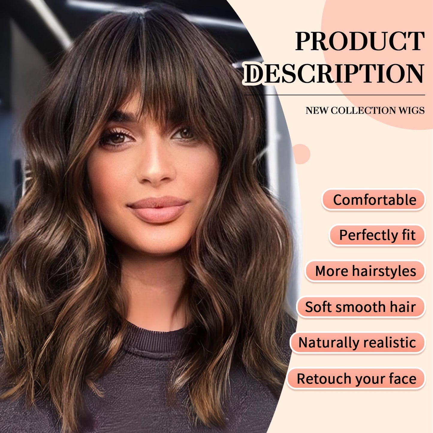 KOME Short Wavy Brown Wig with Bangs, Short Brown Highlight Bob Wigs for Women, Wavy Bob Wig with Bangs Synthetic Natural Looking Wigs 14IN