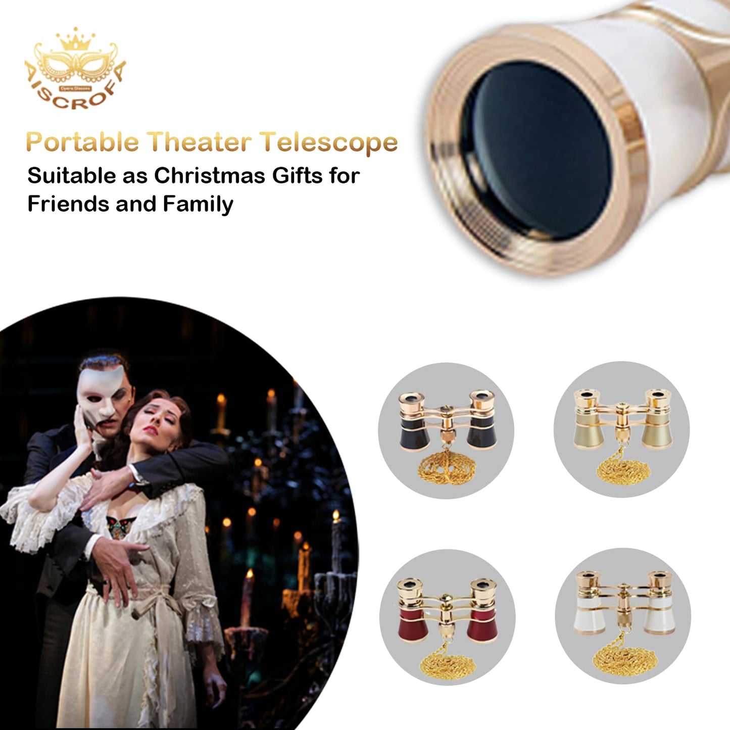 AiScrofa Opera Glasses Binoculars 3X25,Mini Binocular Compact Lightweight,with Chain for Adults Kids Women in Musical Concert (White with Chain)