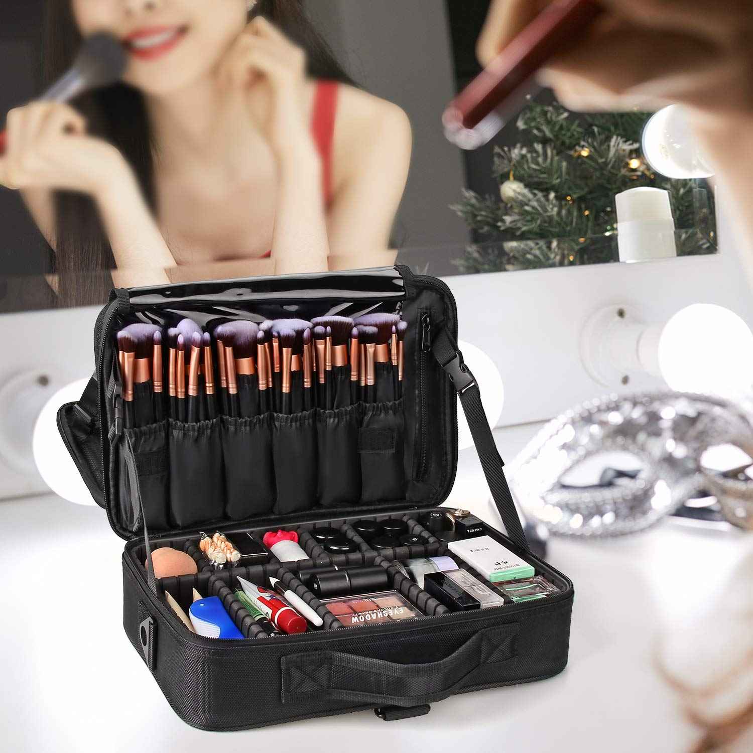 Relavel Travel Makeup Train Case Makeup Cosmetic Case Organizer Portable Artist Storage Bag with Adjustable Dividers for Cosmetics Makeup Brushes Toiletry (medium black)