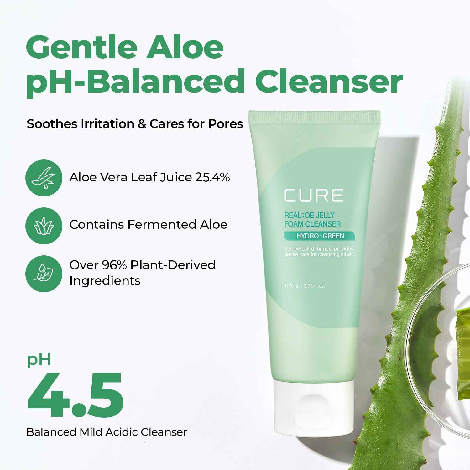 CURE Aloe Vera Foam Cleanser – Hydrating Gentle Korean Face Wash with Aloe & Centella for Sensitive Skin, Pore Care & Deep Cleansing, 3.38 fl oz