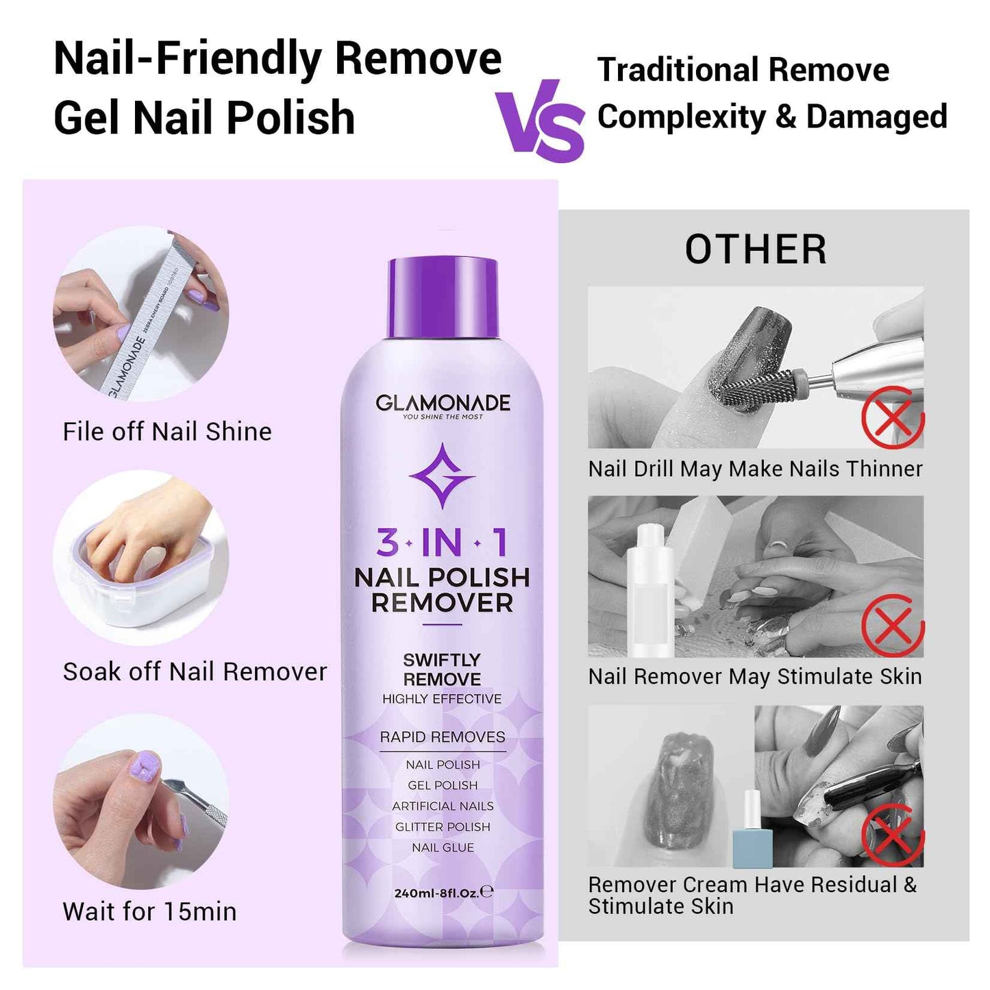 Glamonade Acetone Nail Polish Remover Kit: Soak off Gel Polish Remover Includes Nail File, Nail Buffer Block, Cuticle Pusher, Cuticle Peeler, Nail Polish Soak Off Bowl & Cuticle Oil(8 Fl.Oz.)