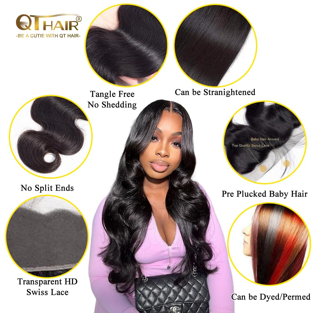 QTHAIR 14A Transparent HD Body Wave Human Hair Lace Frontal (18",13x4 Ear to Ear Lace Frontal,Natural Black)130-150% Density 100% Virgin Brazilian Body Wave Lace Frontal