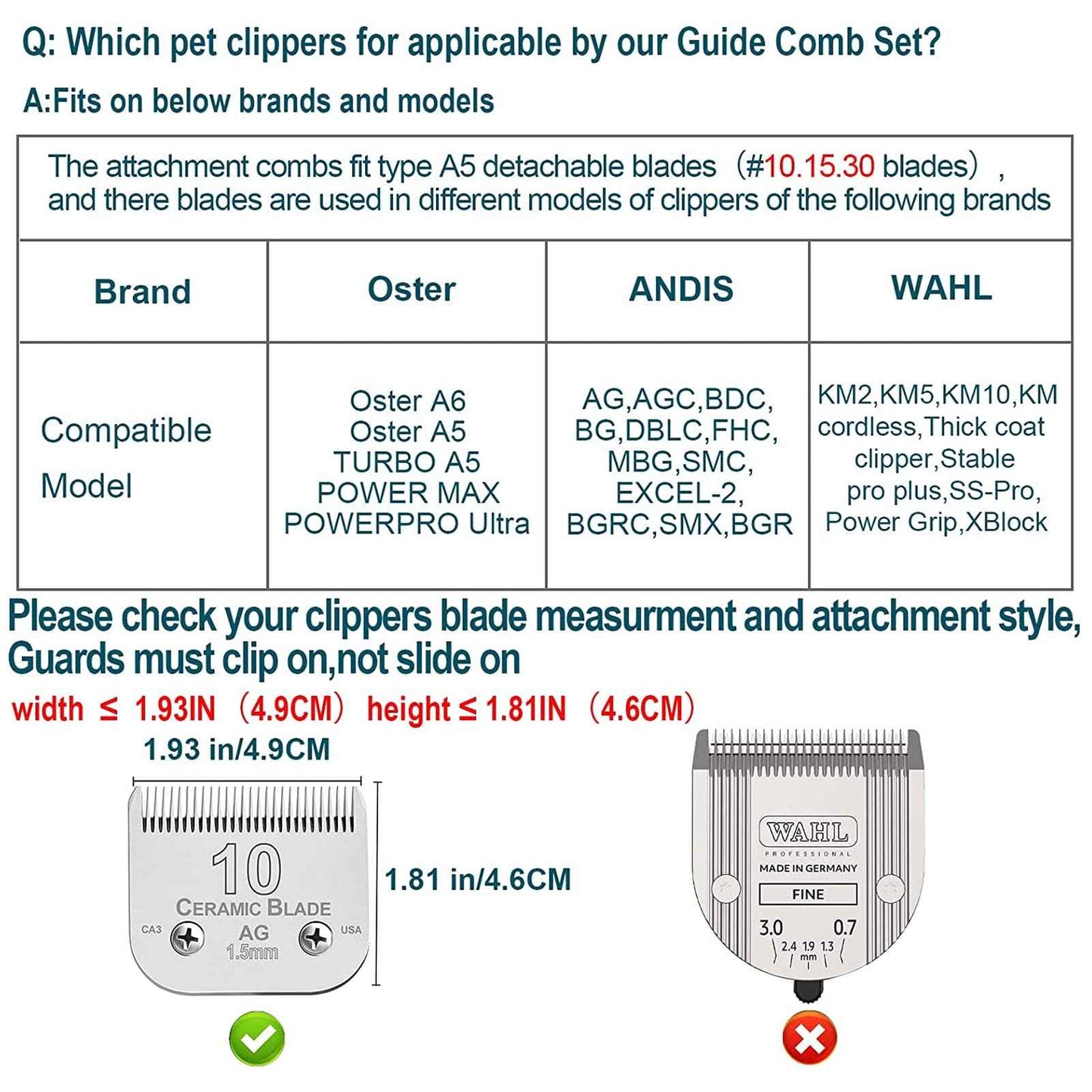 Animal Stainless Steel 5 Color Dog Guide Comb Set,Cutting Length 1/8"-5/8" for 10#/15#/30# A5 Detachable Blade,Compatible with Andis, Oster A5, Wahl KM Series Clipper Guards