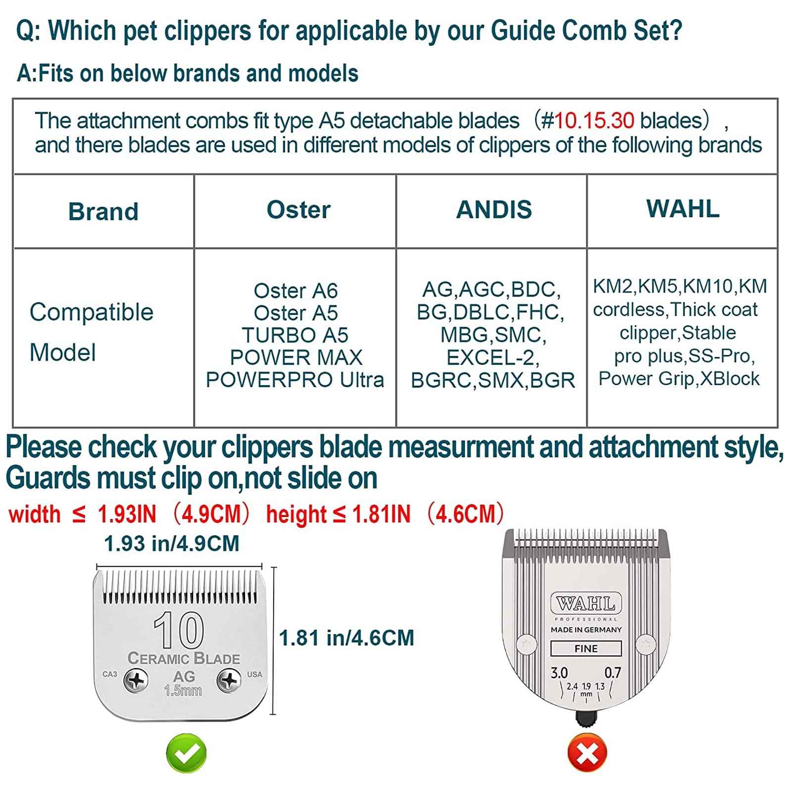 Animal Stainless Steel 5 Color Dog Guide Comb Set,Cutting Length 1/8"-5/8" for 10#/15#/30# A5 Detachable Blade,Compatible with Andis, Oster A5, Wahl KM Series Clipper Guards
