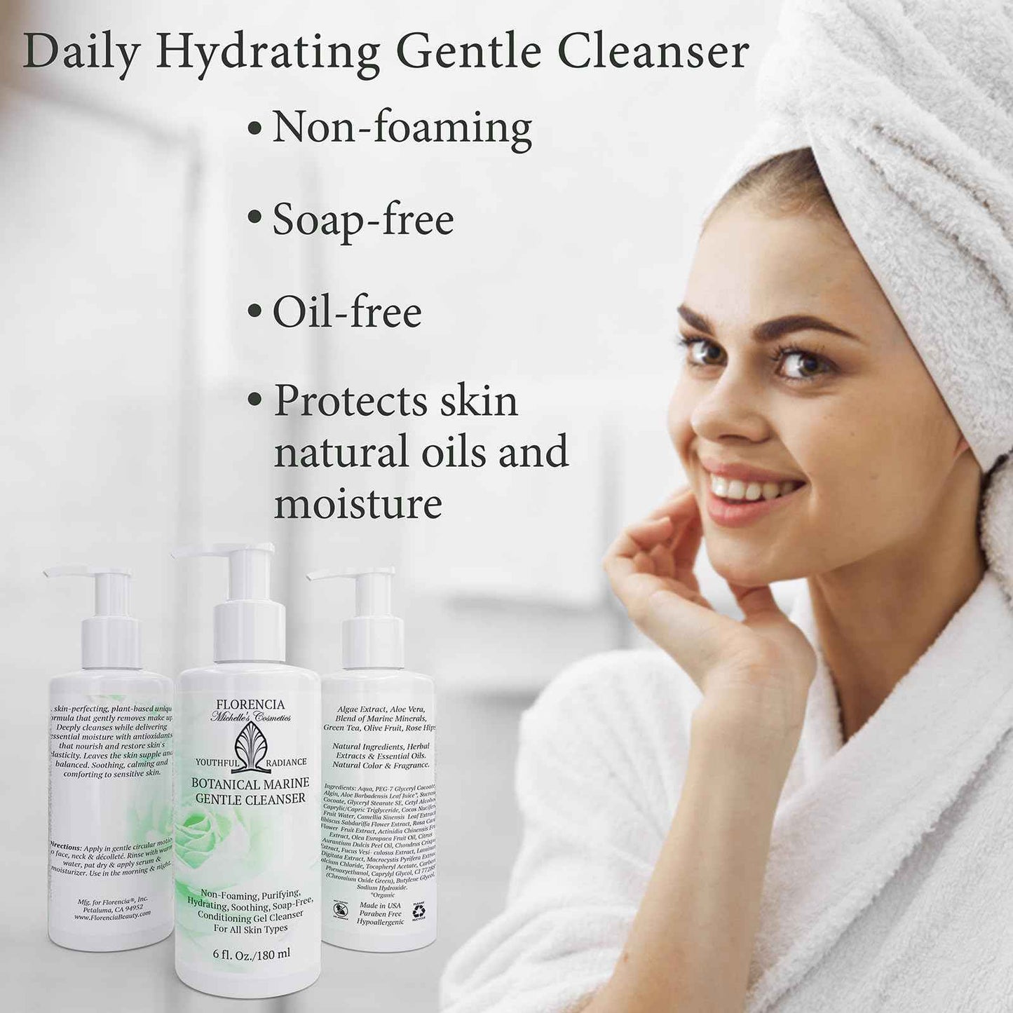 Florencia Botanical Marine Gentle Cleanser - Non-Foaming, Hydrating, Oil-Free Face Wash for Dry to Normal Skin - With Marine Algae & Organic Botanicals - Sensitive Skin, 6 oz