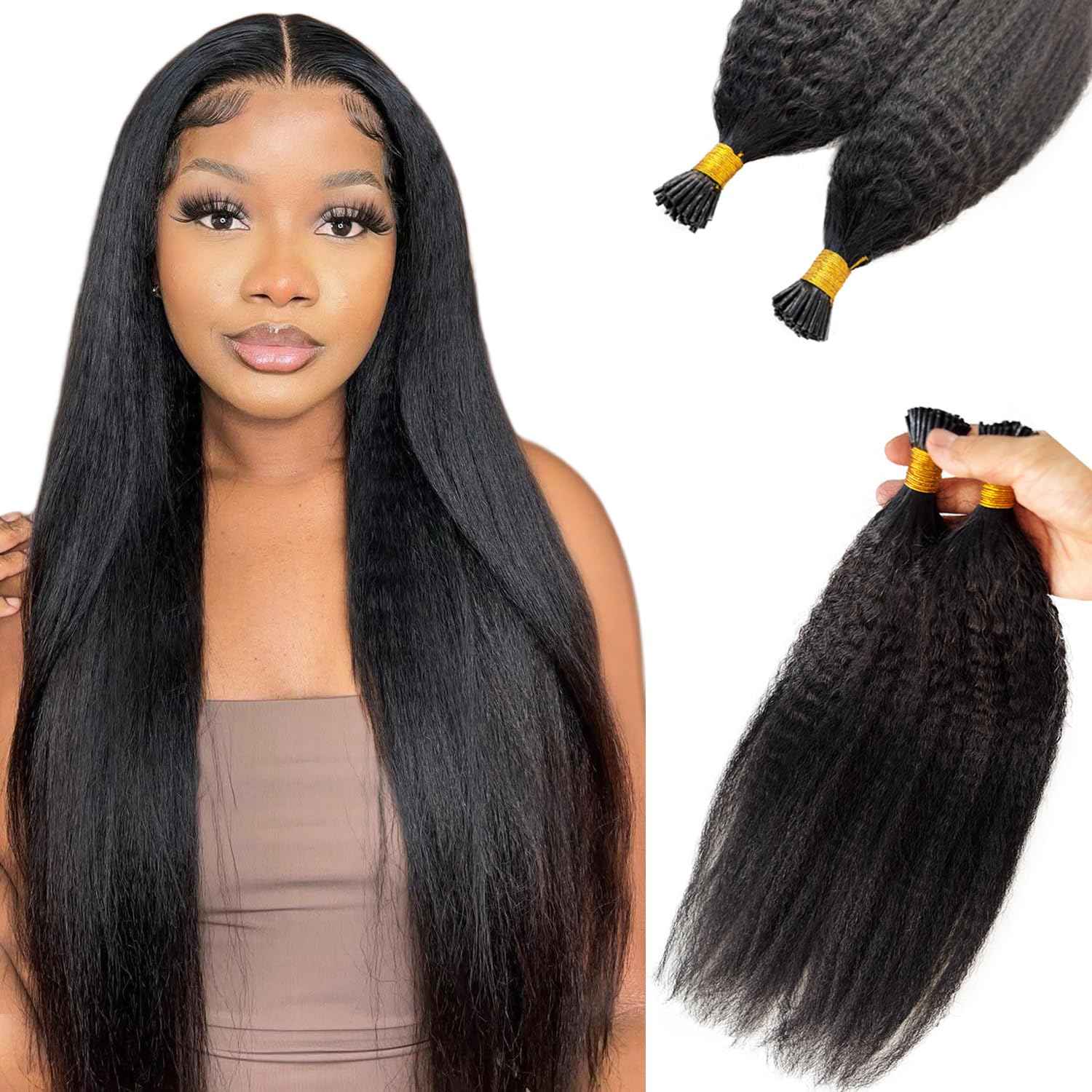 I Tip Hair Extensions Kinky Straight Cold Fusion I Tip Extension Real Human Hair Black 18 Inch Soft Keratin Tip Extensions Human Hair Kinky Straight I Tips for Black Women 50 Strands 50Grams