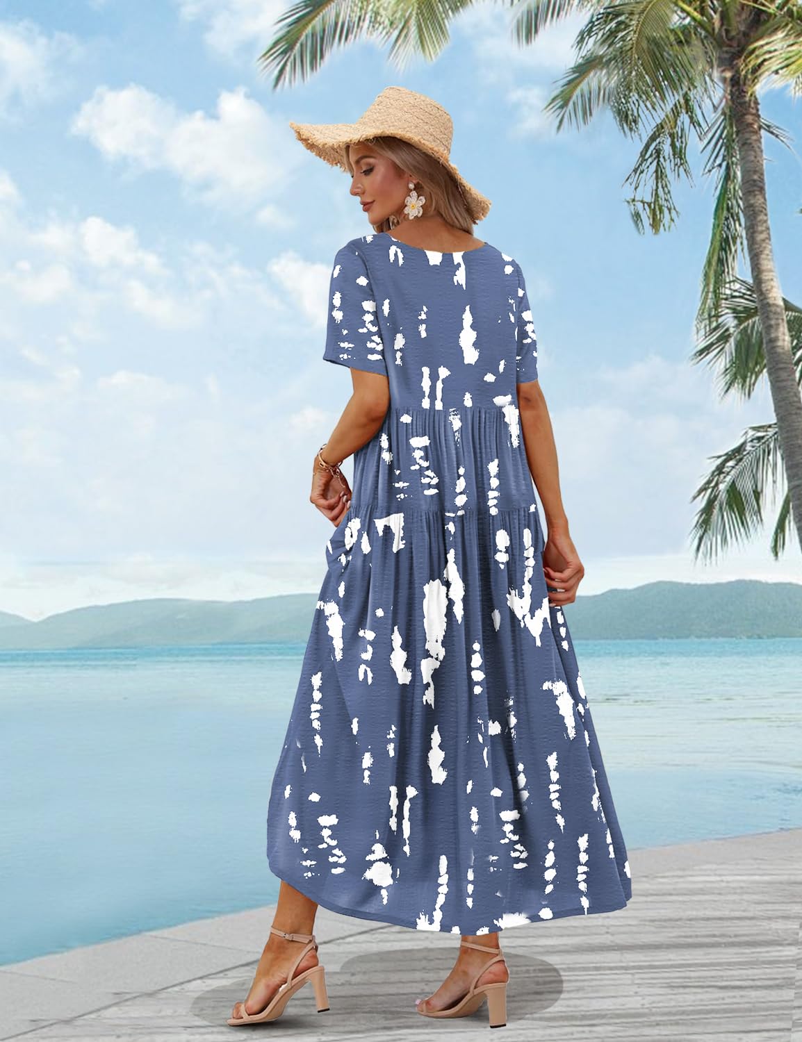 YESNO Women Casual Loose Bohemian Floral Dress with Pockets Short Sleeve Long Maxi Summer Beach Swing Dress S EJF CR147