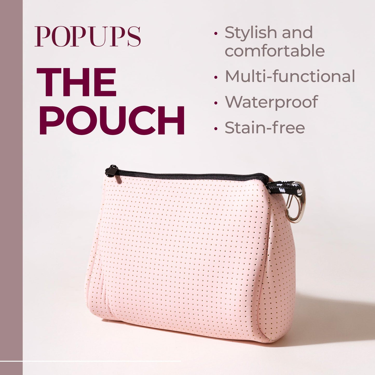 POPUPS Large Makeup Bag with Zipper, Pretty Pink - Waterproof Neoprene Cosmetic Bag 7.7 x 10.75 x 5 inches