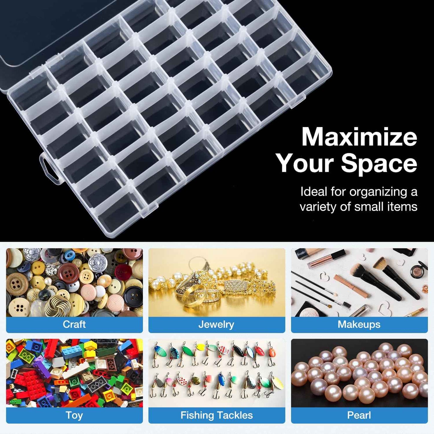 Benbilry 2 Pack 36 Grids Clear Storage Containers Plastic Organizer Box Craft Storage Boxes with Adjustable Dividers for Beads Organizer Art DIY Fishing Tackles Jewelry Crafts