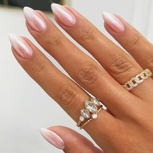 GLAMERMAID Chrome Crush Press On Nails Short Almond - Pink Ombre Handmade Soft Gel Fake Nails Medium Oval, White Glitter Natural Glazed Donut False Nail, Pearl Mermaid Matal Glue on Nail Kit for Women