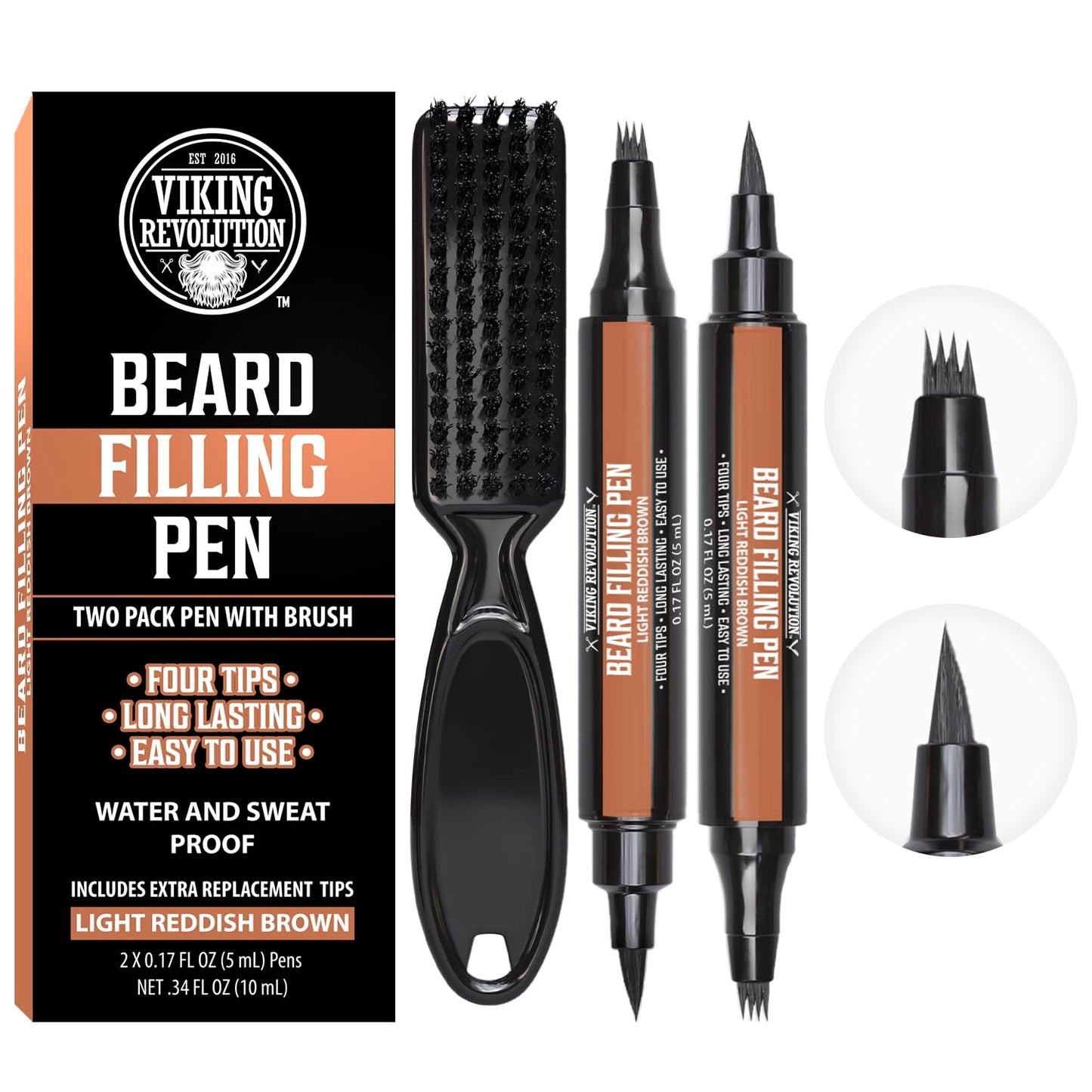 Viking Revolution Beard Pen (2 Pack) - Light Reddish Brown Beard Pencil Filler for Men - Beard Filler for Men Waterproof Beard Filling Pen Kit - Long Lasting Beard Filler Pen with Brush