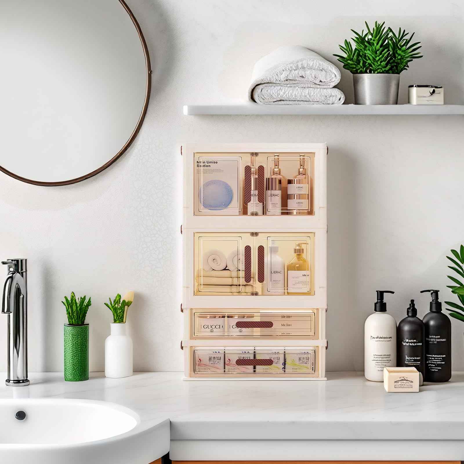 A stackable desktop organizer with drawers and compartments, ideal for storing cosmetics, beauty tools, jewelry, and school supplies in a student dorm. Features a convenient magnetic door handle.