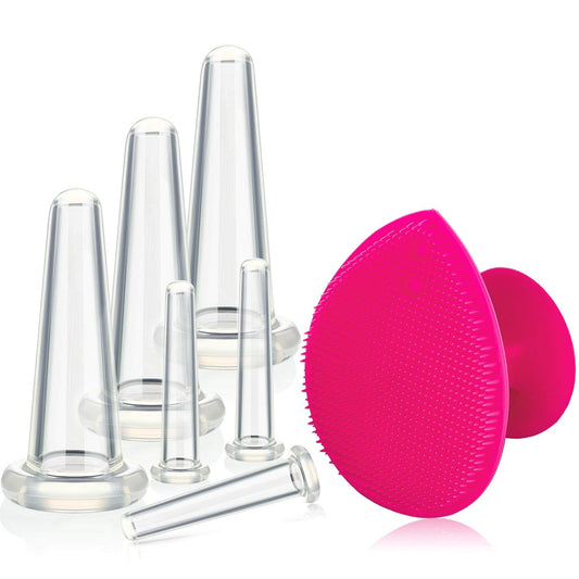 BBTO Silicone Facial Cupping Set, Vacuum Massage Cup Kit for Body, Face, Neck, Back, and Eye, 6 Cups and Exfoliating Brush