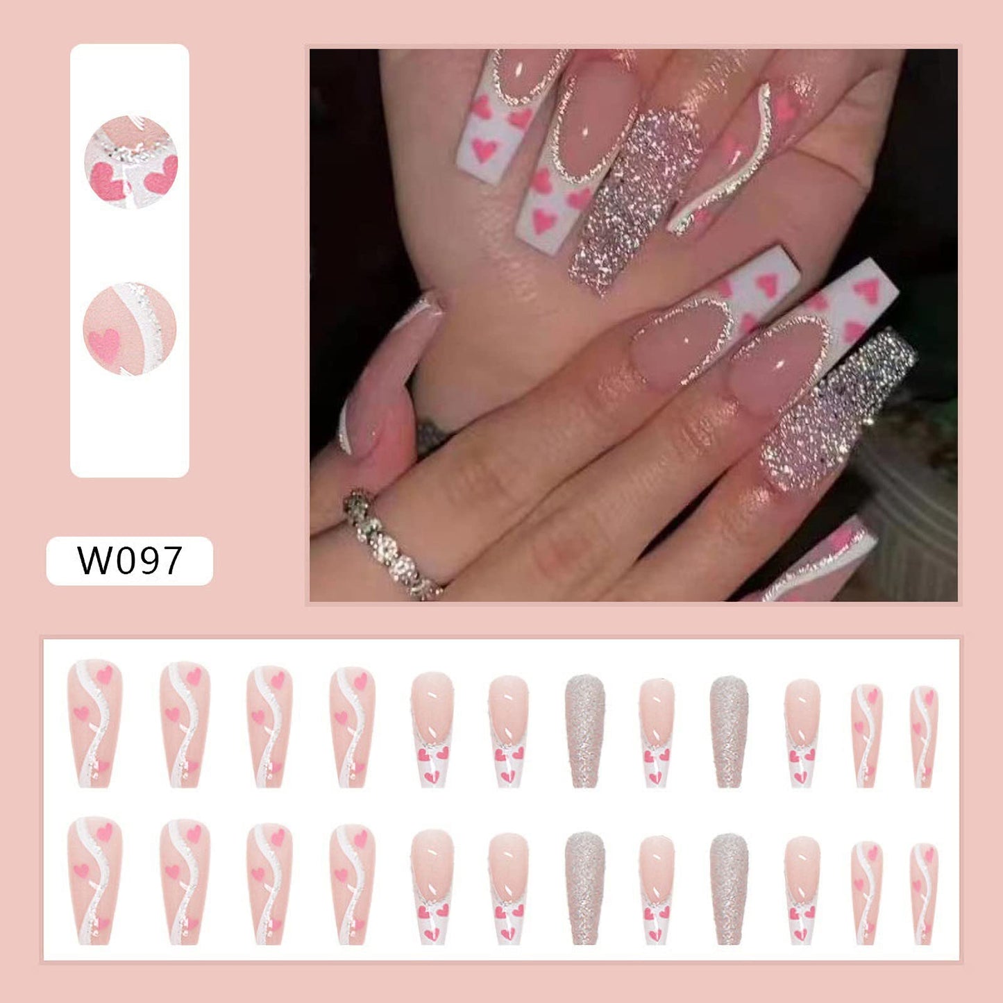 24 Pcs Valentines Press on Nails Long Heart Fake Nails Glossy Glue on Nails with Designs Full Cover Acrylic Press on False Nails for Women and Girls Nail Art Decorations