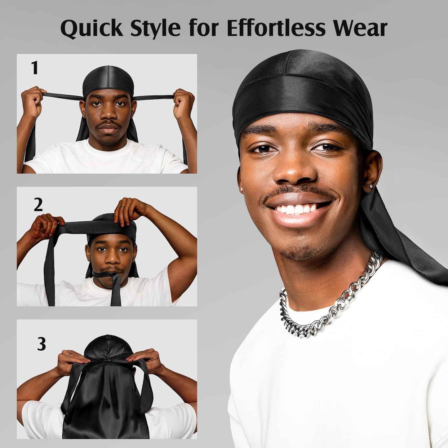 YFONG 100% Mulberry Silk Durag for Men & Women, 22 Momme Silky Durag for Hair Care, Soft and Breathable Do rag for Comfortable Wear, Perfect for Fashion Styling, 1Pc, Black