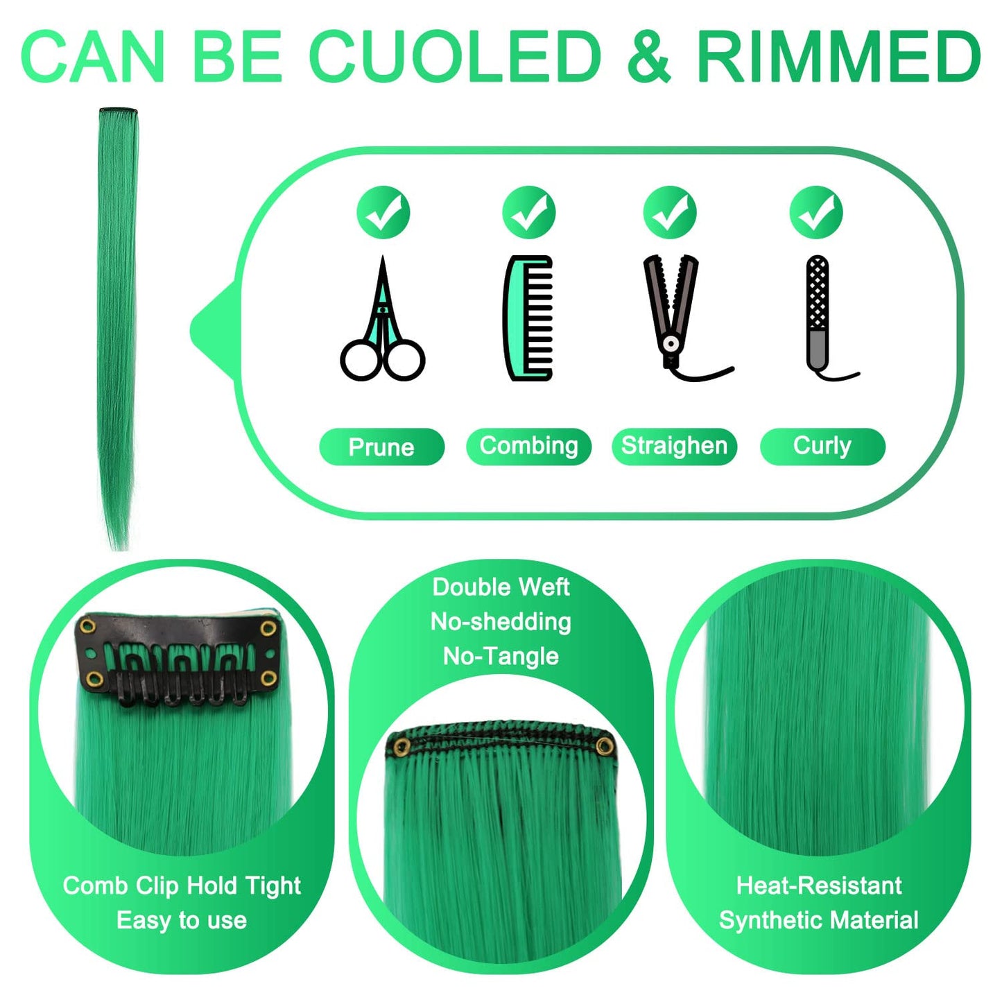 Rhyme 9PCS Princess Party Highlight Green Hairpieces Colored Hair Extensions Clip in/on for Girls and Women Wig Pieces Green Hair Accessories (Green)