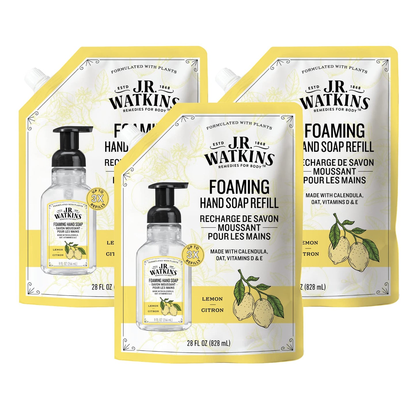 J.R. Watkins Foaming Hand Soap Refill 3 Pack 28 fl oz Lemon and Foaming Hand Soap with Pump 3 Pack 9 fl oz Ocean Breeze