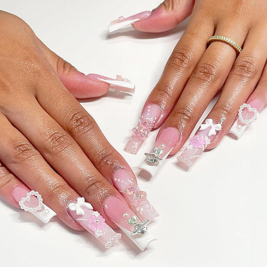 Pink Press on Nails Long Coffin Fake Nails with 3D Rhinestones Butterfly Little Bear Designs Glue on Nails French Tips Acrylic Nails DIY Reusable Manicure for Women and Girls 24 PCS