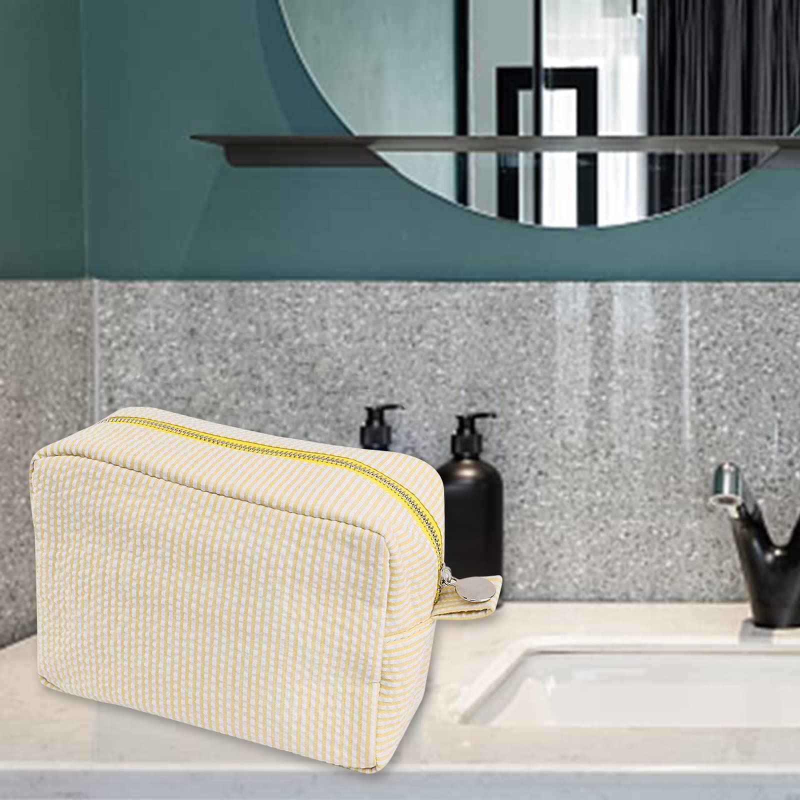 Seersucker Cosmetic Bag, Large Makeup Pouch Travel Toiletry Case with Zipper Closure Seersucker Cosmetic Organizer for Women Girls, Baby Diaper Bag Organizer