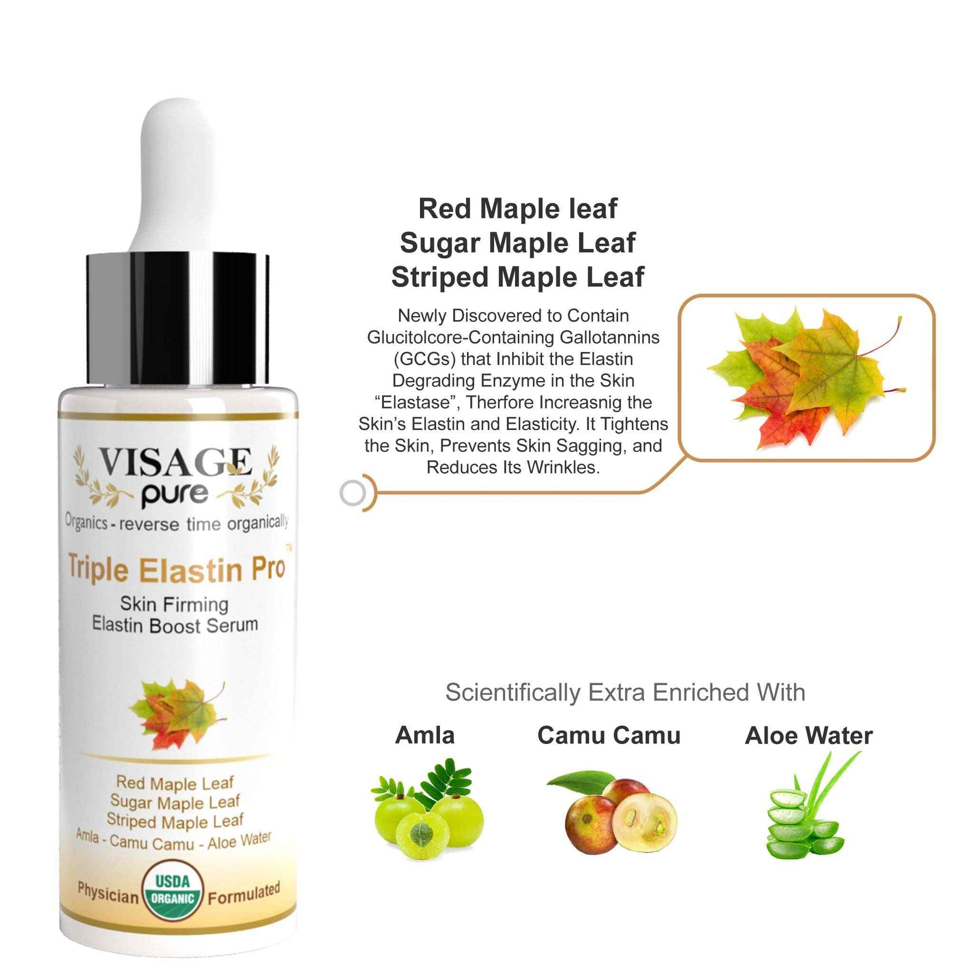 Visage Pure Triple Elastin Pro - Skin Firming Elastin Boost Face Serum - Contains "GCGs" That Increases the Skin's Elastin and Elasticity - USDA Organic - Physician Formulated - Research Supported