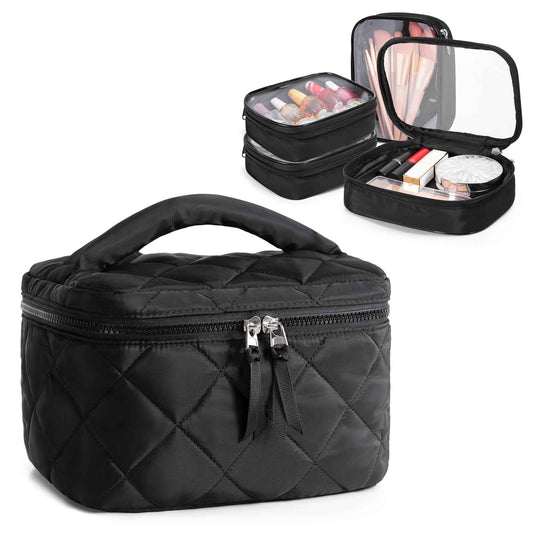 Trahzia Travel Makeup Bag with 4 Clear Cases, Large Quilted Cosmetic Organizer for Women, Puffy Storage Bag for Cosmetics, Photos or Pill Bottles, Black (Empty Bag)