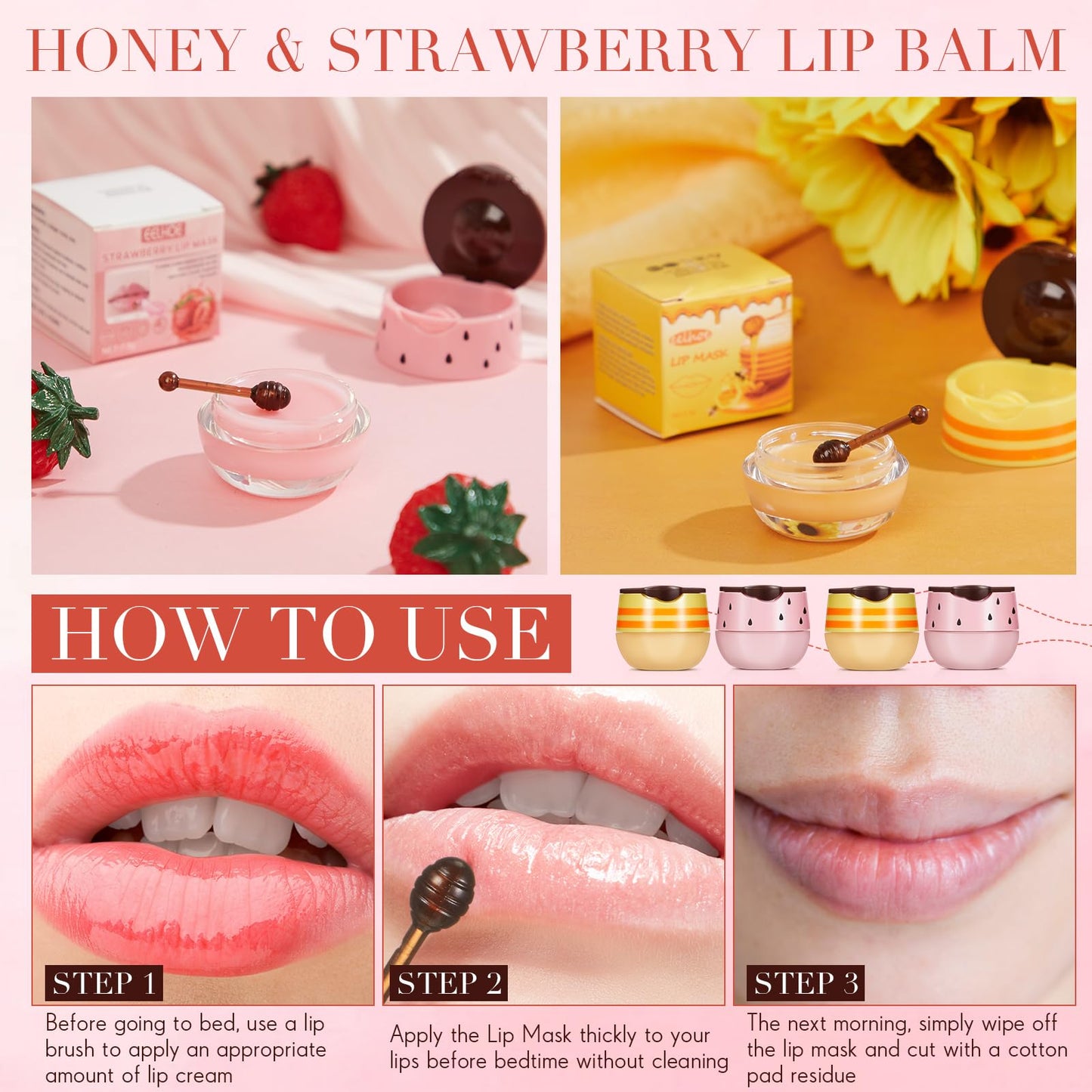 Dansib 12 Pcs Bee Lip Balm Honey Pot with Brush Propolis Lip Mask Overnight, Moisturizing Hydrating Lip Sleeping Mask Prevention Dry and Cracked(Honey+Strawberry)