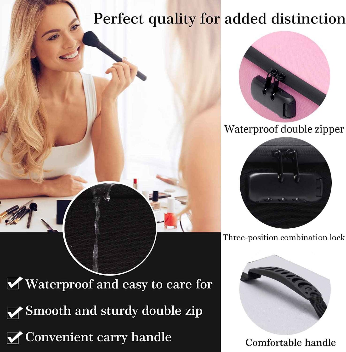 KaAutoler Portable Cosmetic Bag with Lock, Large Capacity Travel Makeup Case Organizer, Waterproof Makeup Bags for Girls Traveling With Handle and Divider Makeup Bag…(Black)