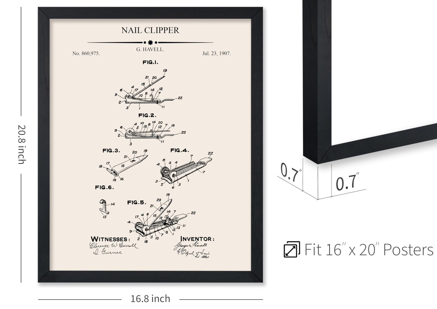 Poster Master 4-Piece Nail Clipper Blueprint Poster - Nail Polish Protector Patent Print - Polish Applicator Art - Dryer Art - Salon Art - Technical Drawing Art - Salon Decor, 16x20 Black Framed