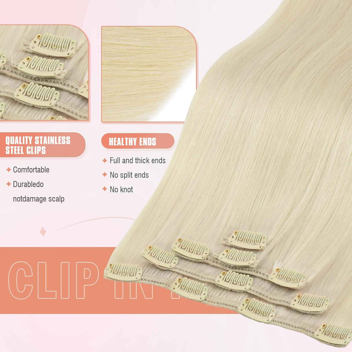 MEI YUAN LIN Clip In Hair Extensions Real Human Hair Platinum Blonde Hair Extensions Clip Ins Silky Soft 18 Inch 5pcs 80g