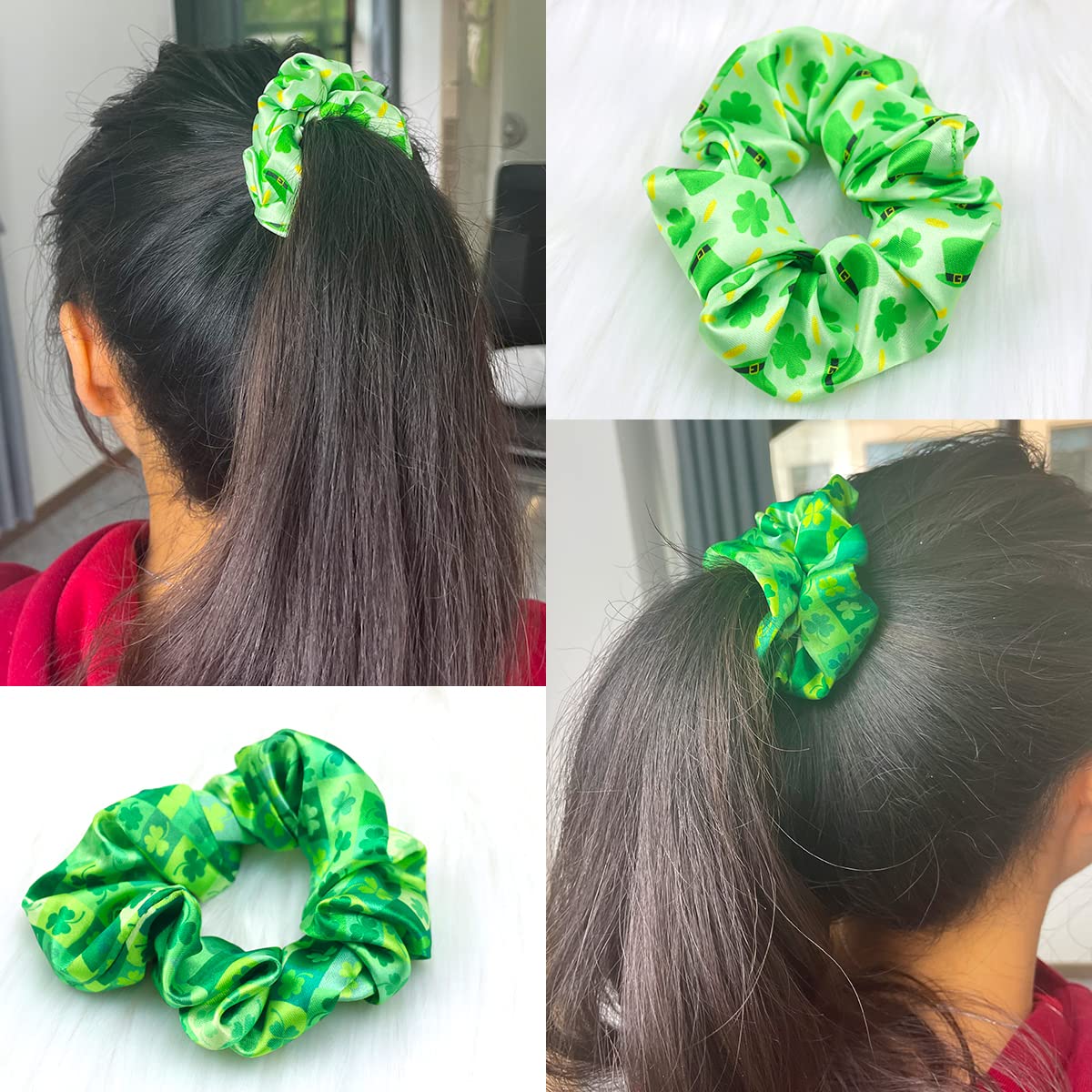 St.Patrick's Day Elastics Hair Ties Four Leaf Clover Silk Scrunchies Irish Hat Shamrock Hair Accessories for Women Girls Green Hair Band Ponytail Holder Bracelet Ropes Party Favor 2PCS